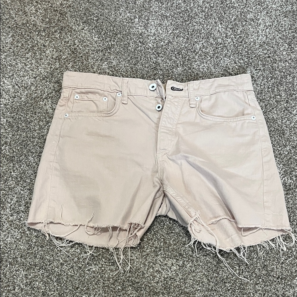 rag & bone women’s Frayed Cream Jean Shorts. Rosa mid-rise 4” short